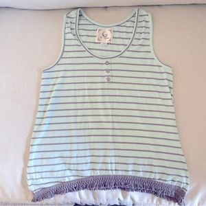 Aqua Striped PJ Tank Top w/ Mock buttons and Fringe